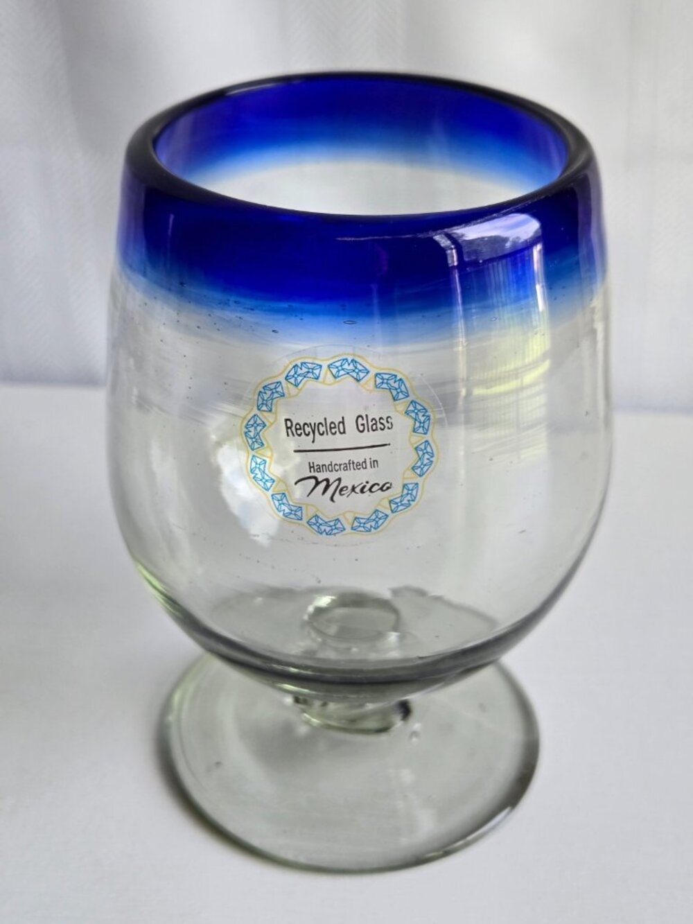 Mexican Handcrafted Recycled Green Glass Copitas Brandy Snifter Cobalt Rim